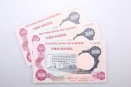 THREE NIGERIAN BANK NOTES, Central Bank of Nigeria, 10 Naira, 1973-78, DZ/12 142097-99, signature