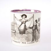 A SUNDERLAND POTTERY LUSTRE MUG, MID 19TH CENTURY, printed with a titled scene, 'A Present for a