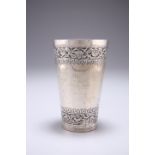 AN EASTERN WHITE-METAL BEAKER CUP, of tapering cylindrical form, chased with two bands of