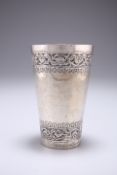 AN EASTERN WHITE-METAL BEAKER CUP, of tapering cylindrical form, chased with two bands of