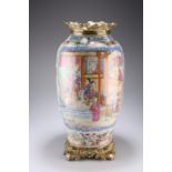 A LARGE 19TH CENTURY CANTONESE FAMILLE ROSE GILT-METAL MOUNTED VASE, ovoid, painted to either side