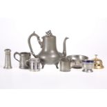 A GROUP OF PEWTER, comprising a 19th Century coffee pot, footed bowl, 1/2 pint tankard, two