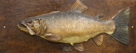 A GEORGE V PLASTER HALF-BLOCK 'TROUT' FISHING TROPHY. 83.5cm wide