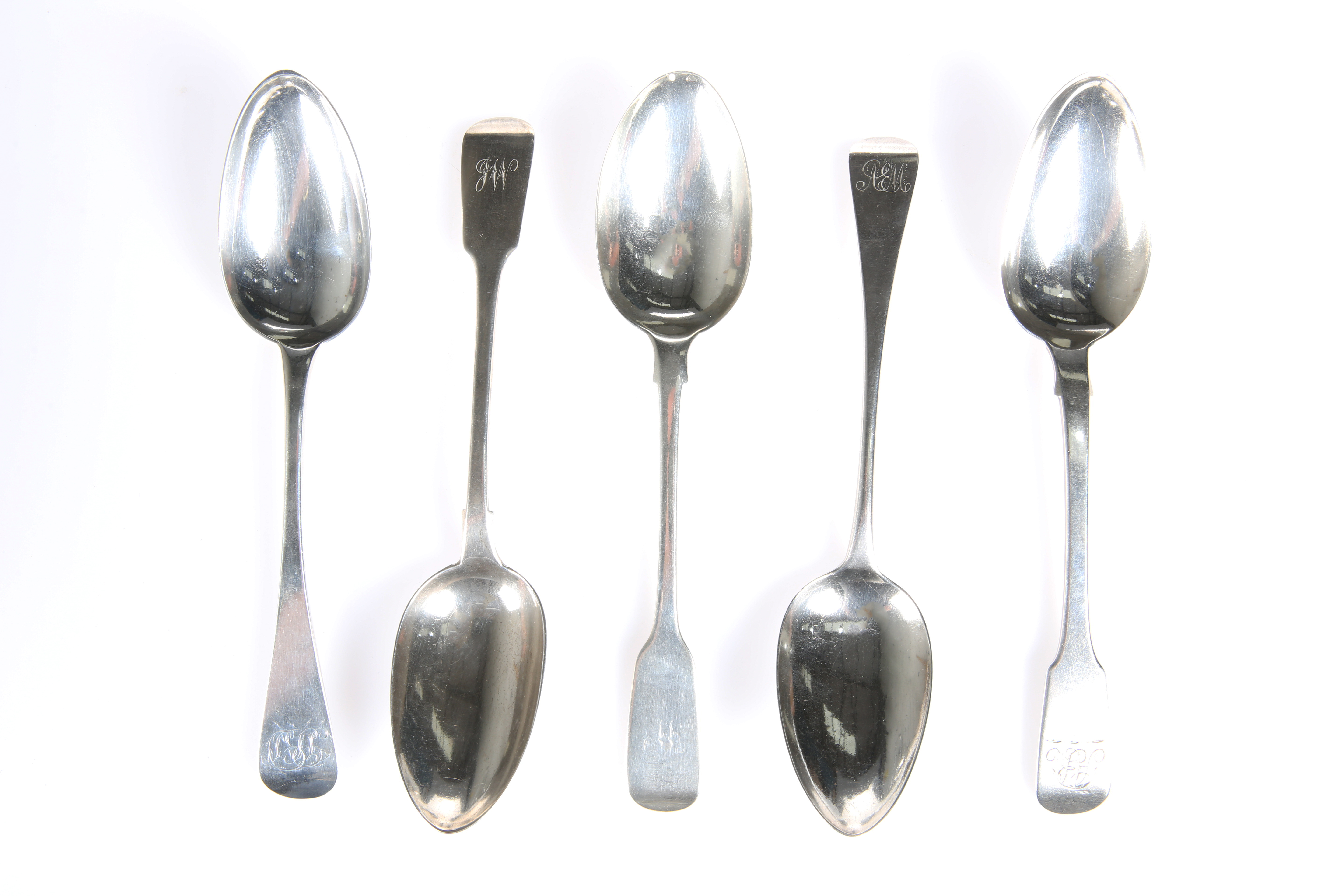 A GROUP OF FIVE YORK SILVER TABLE SPOONS, comprising James Barber & William North, York 1841, fiddle