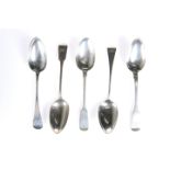 A GROUP OF FIVE YORK SILVER TABLE SPOONS, comprising James Barber & William North, York 1841, fiddle