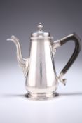 A GEORGE II SILVER COFFEE POT, by Peter Taylor, London 1742, knopped domed hinged lid above a