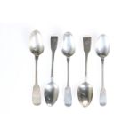 A GROUP OF FIVE YORK SILVER TEASPOONS, by James Barber & William North, fiddle pattern, various