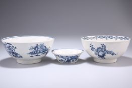 A WORCESTER BOWL, CIRCA 1775-85, circular, blue printed with the Fruit and Wreath pattern, hatched