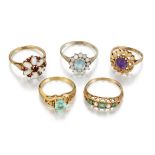 FIVE GEMSET RINGS,