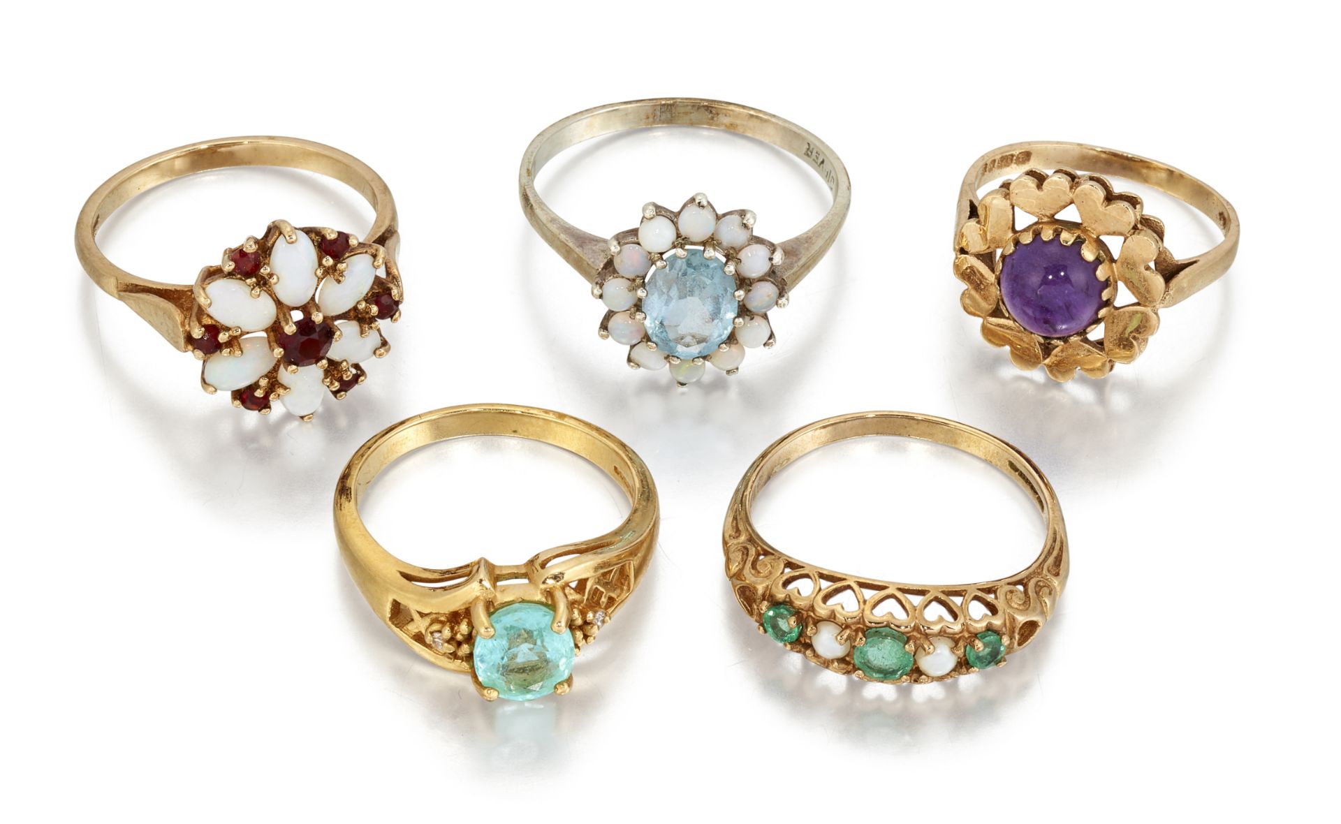 FIVE GEMSET RINGS,