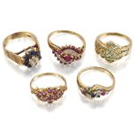 FIVE 9CT AND GEMSET RINGS