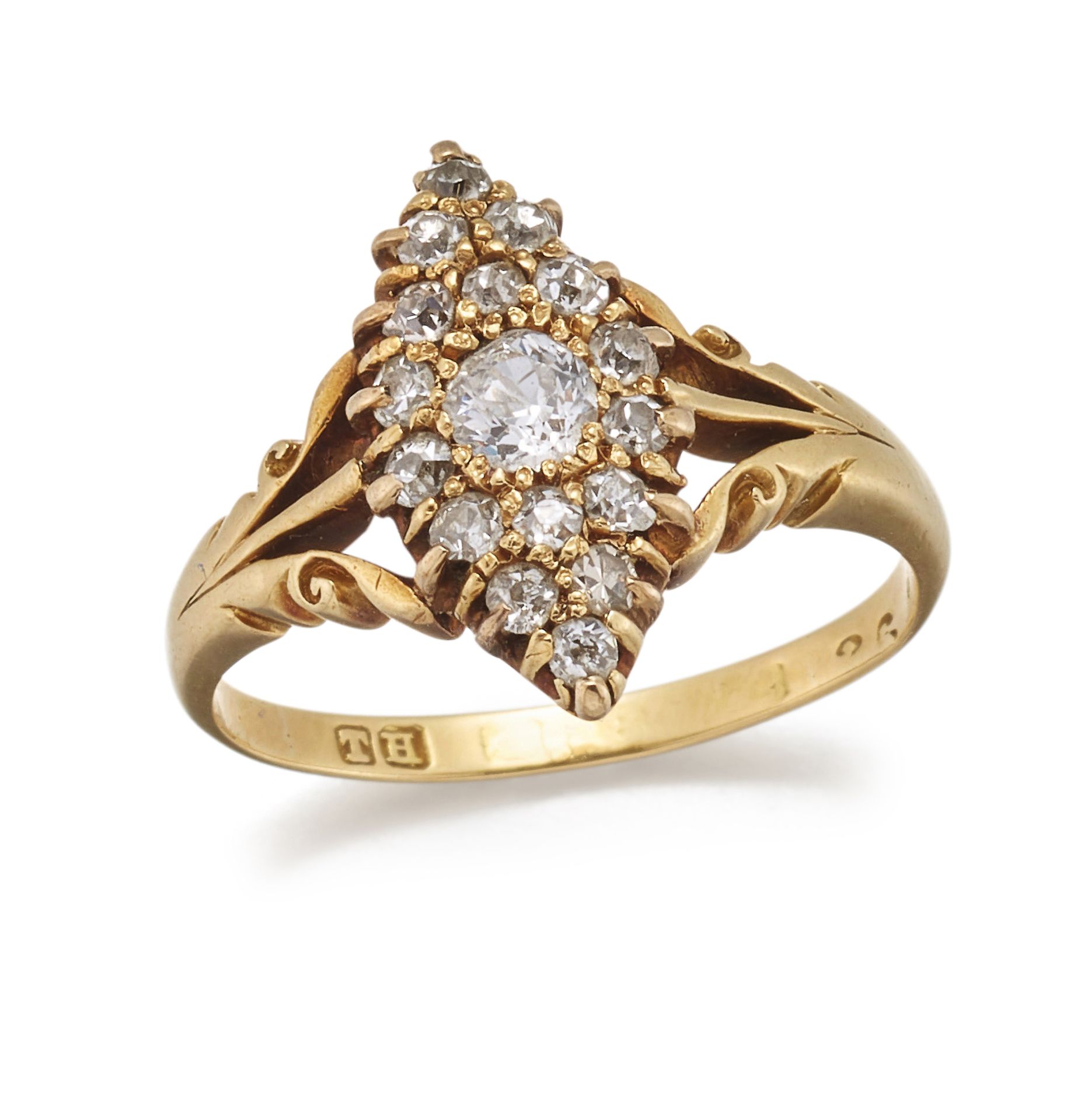 A DIAMOND RING, the marquise shaped mount set with graduated stones between split scrolling