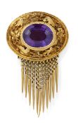 A VICTORIAN AMETHYST MEMORIAL FRINGE BROOCH,