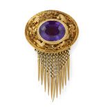 A VICTORIAN AMETHYST MEMORIAL FRINGE BROOCH,