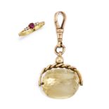 A 14CT RUBY AND DIAMOND RING AND A CITRINE FOB,