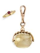 A 14CT RUBY AND DIAMOND RING AND A CITRINE FOB,