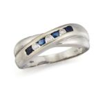 A 9CT SAPPHIRE AND DIAMOND HALF HOOP CROSSOVER RING,