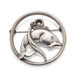 A DANISH SILVER BROOCH, BY EILER & MARLOE, circular, depicting a fish, signed. 40mm wide