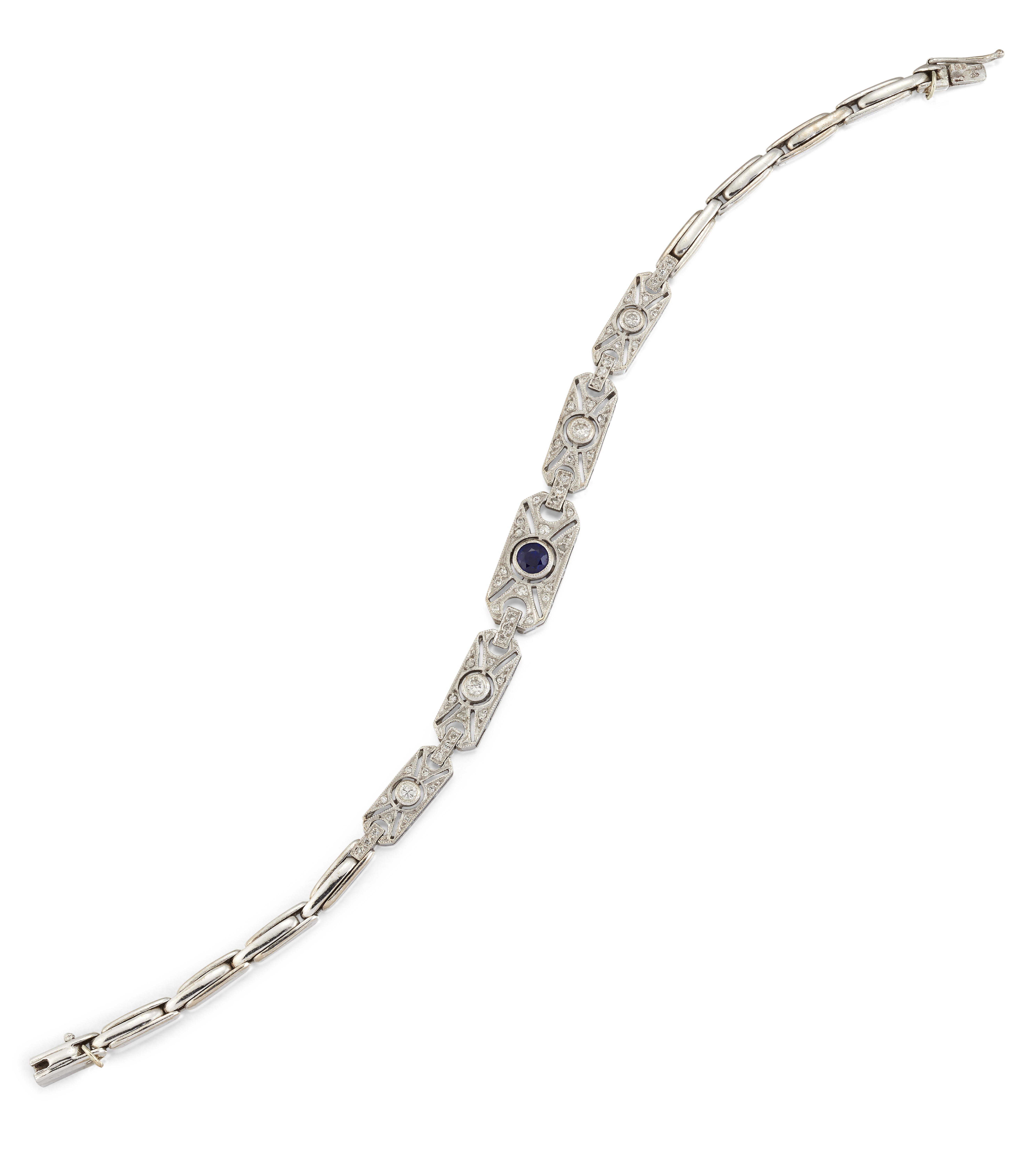 AN ART DECO STYLE 18CT WHITE GOLD SAPPHIRE AND DIAMOND BRACELET,