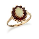 A 9CT OPAL AND GARNET CLUSTER RING,