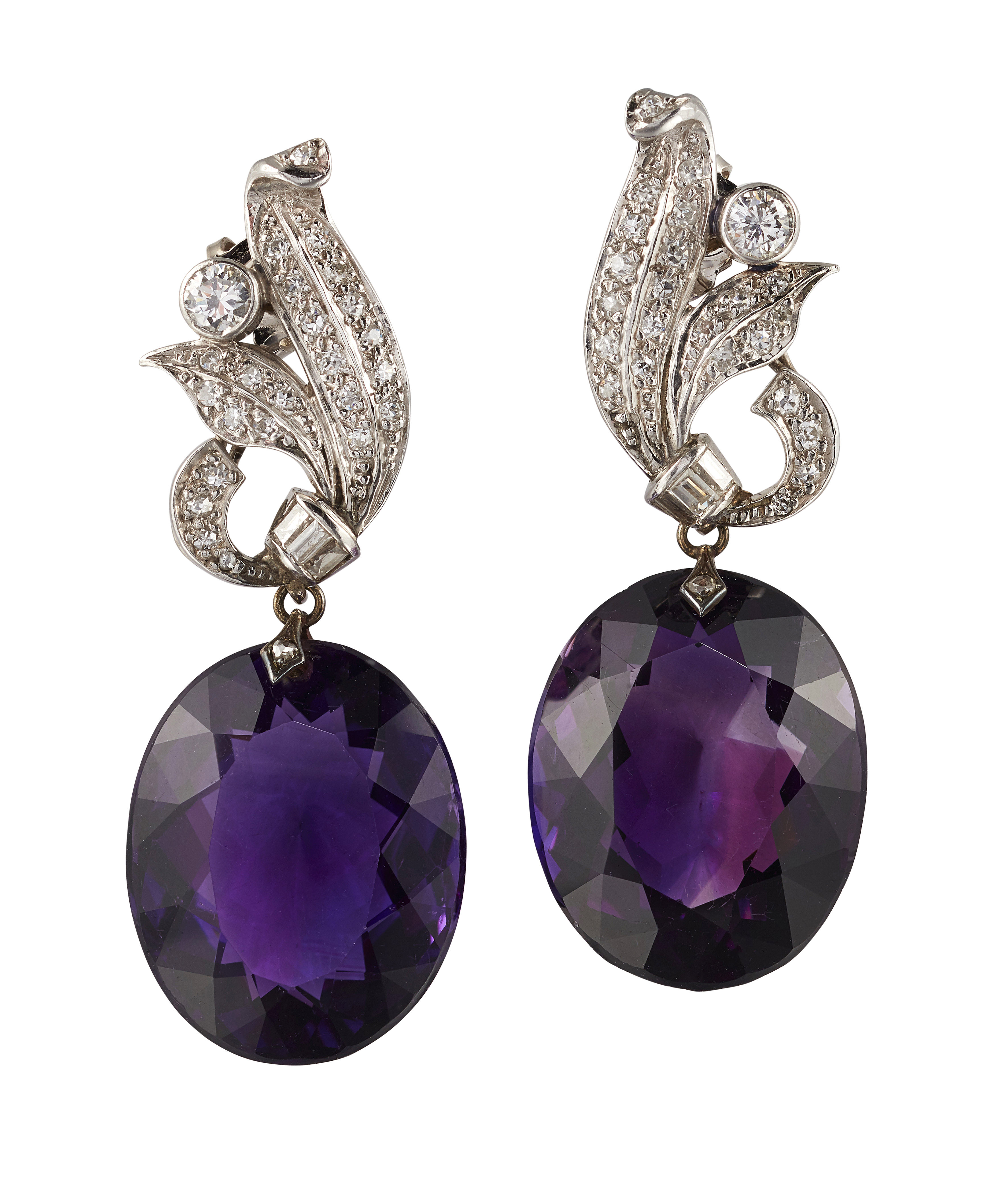 A PAIR OF MID 20TH CENTURY AMETHYST AND DIAMOND DROP EARRINGS - Image 3 of 3