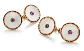 A PAIR OF MOTHER OF PEARL, RUBY AND ENAMEL CUFFLINKS,