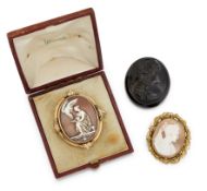 TWO CAMEO BROOCHES AND A JET CAMEO,