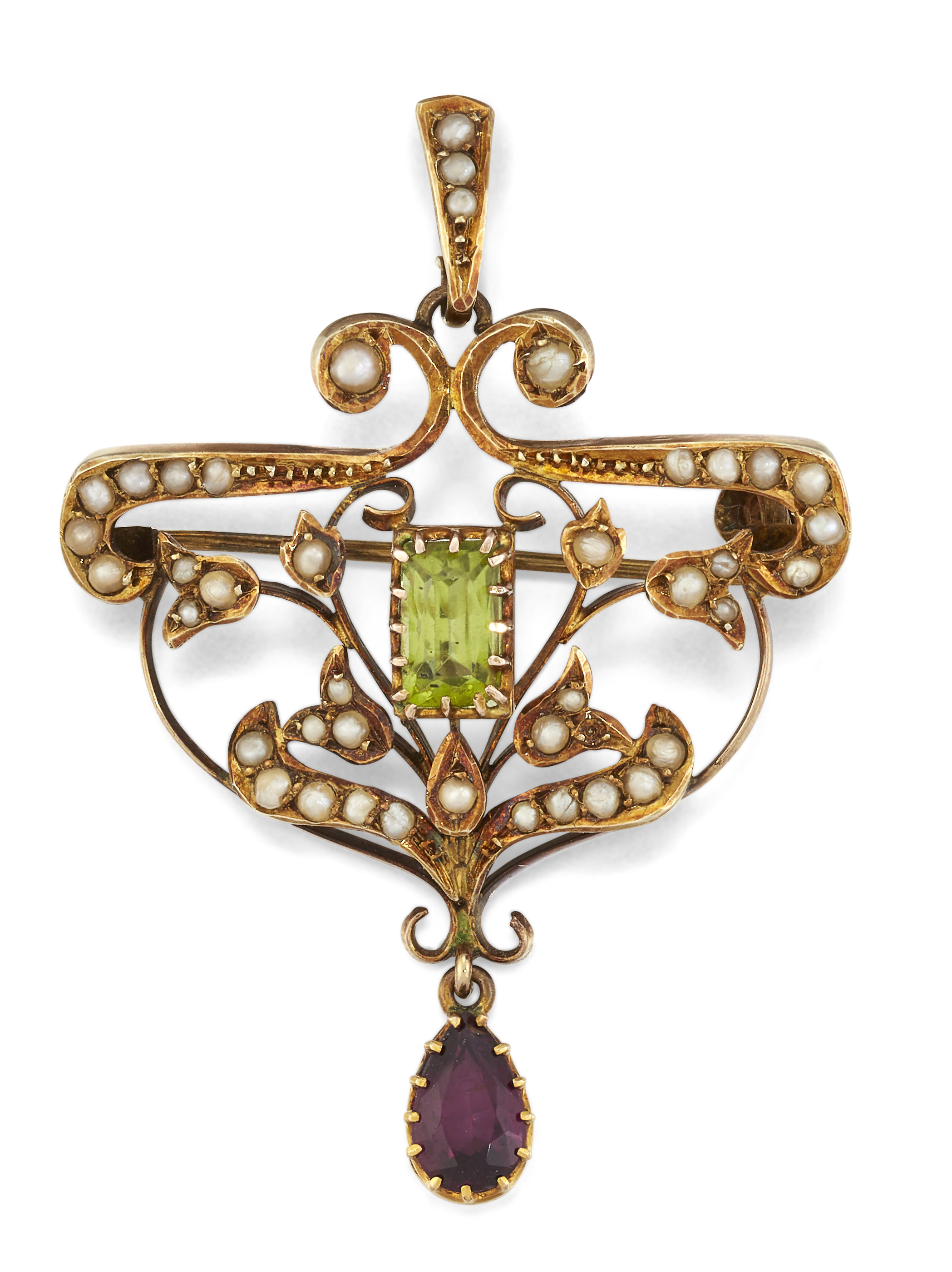 AN EDWARDIAN PERIDOT, AMETHYST AND SEED PEARL PENDANT/BROOCH,