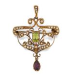 AN EDWARDIAN PERIDOT, AMETHYST AND SEED PEARL PENDANT/BROOCH,