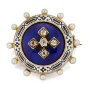 A VICTORIAN DIAMOND, PEARL AND ENAMEL BROOCH,