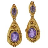 A PAIR OF VICTORIAN 15CT AMETHYST EARRINGS,