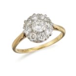 AN 18CT AND PLATINUM DIAMOND CLUSTER RING,