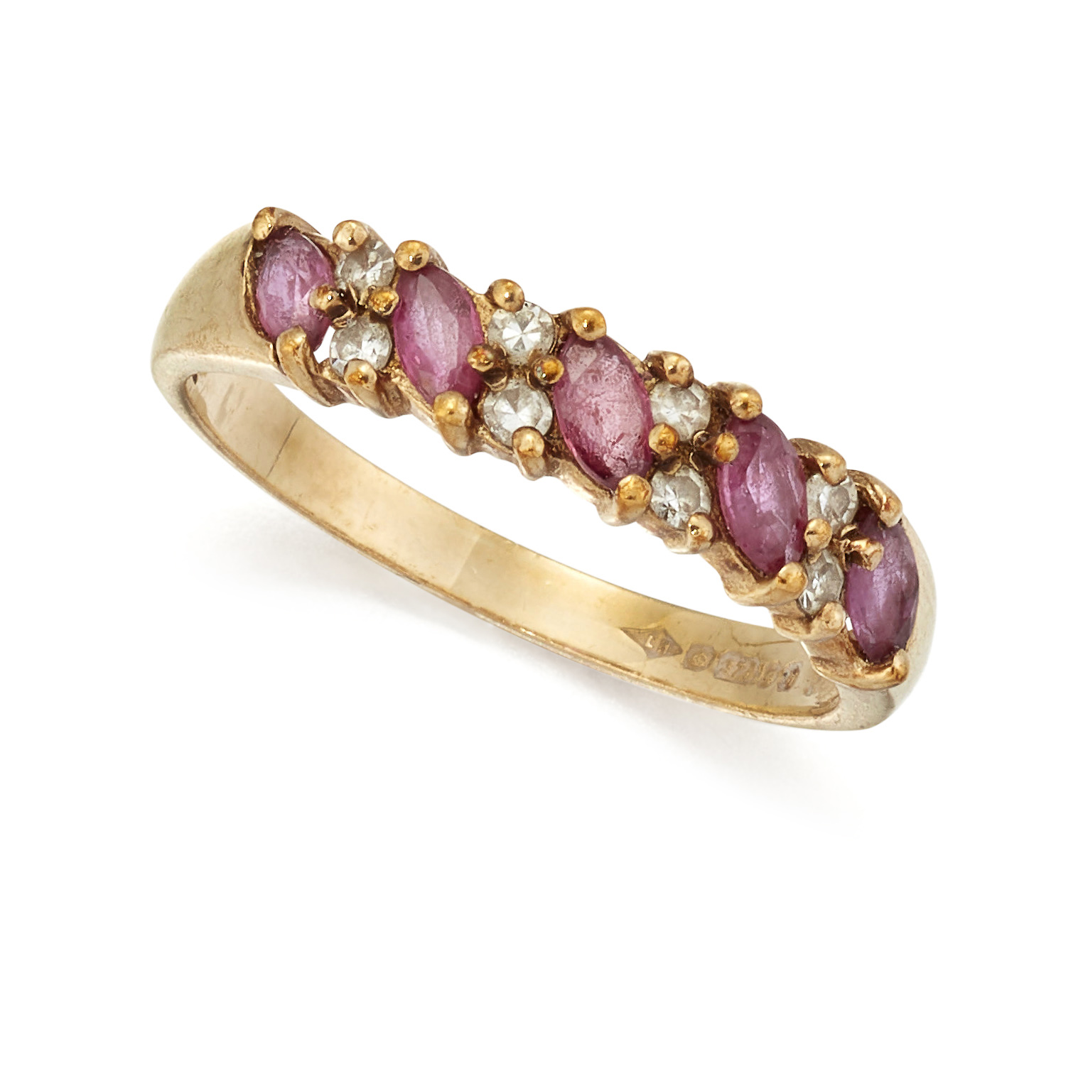 A 9CT RUBY AND DIAMOND HALF HOOP RING,