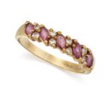 A 9CT RUBY AND DIAMOND HALF HOOP RING,