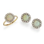 AN 18CT AND PLATINUM OPAL AND DIAMOND CLUSTER RING AND A PAIR OF MATCHED EARRINGS,