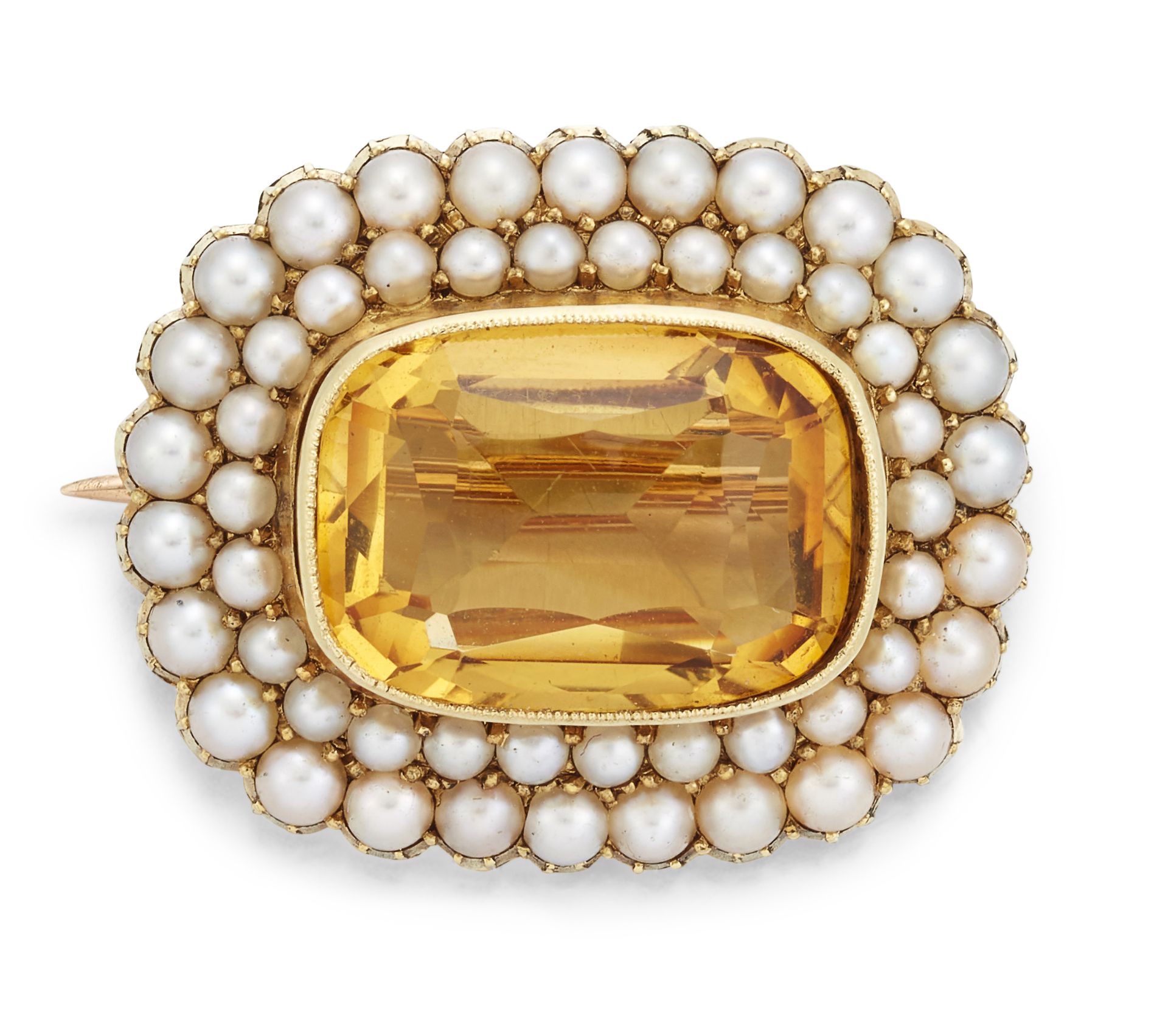 A 15CT CITRINE AND SPLIT PEARL BROOCH,