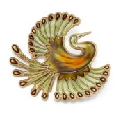 A DAVID ANDERSEN SILVER AND ENAMEL PEACOCK BROOCH,