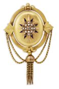 A VICTORIAN 18CT SEED PEARL, DIAMOND AND ENAMEL TASSEL BROOCH,