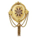 A VICTORIAN 18CT SEED PEARL, DIAMOND AND ENAMEL TASSEL BROOCH,