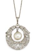 A BELLE EPOQUE DIAMOND AND CERTIFIED NATURAL SALTWATER PEARL PENDANT,