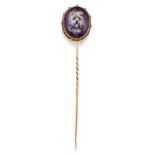 A PAINTED AMETHYST STICK PIN,