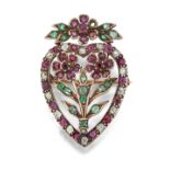AN EARLY VICTORIAN HEART SHAPED RUBY, EMERALD AND DIAMOND FLORAL BROOCH,