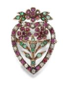 AN EARLY VICTORIAN HEART SHAPED RUBY, EMERALD AND DIAMOND FLORAL BROOCH,