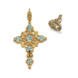 A TURQUOISE CROSS AND A CITRINE SEAL,