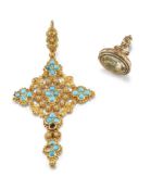 A TURQUOISE CROSS AND A CITRINE SEAL,