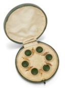 A CASED SET OF GREEN AGATE DRESS STUDS,