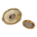 A 9CT HAIRWORK BROOCH AND A CHALCEDONY MEMORIAL BROOCH,