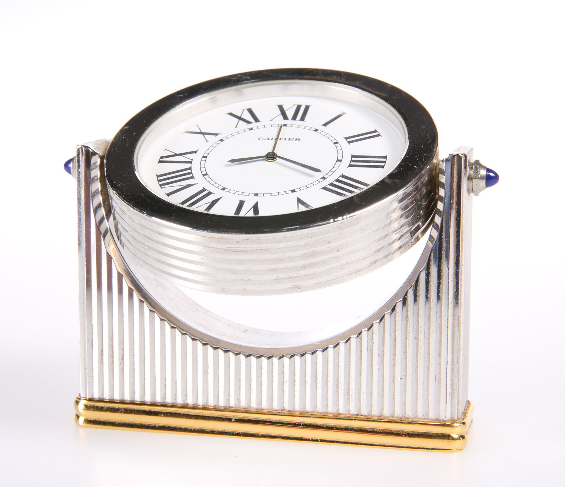 A CARTIER BI-COLOURED METAL DESK CLOCK, the reeded case with applied blue cabochons to the shoulders - Image 2 of 3