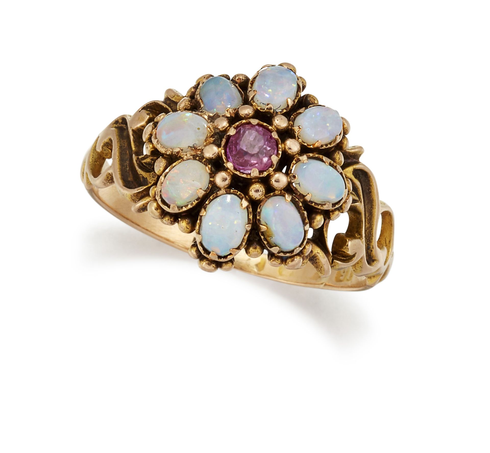 A VICTORIAN 15CT OPAL AND RUBY CLUSTER RING,