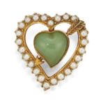 A GREEN HARDSTONE (POSSIBLY JADE) AND SEED PEARL HEART BROOCH,